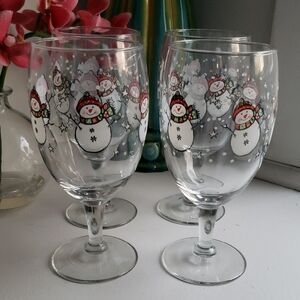 (4) Vintage Libbey Christmas "Sparky The Snowman" Glass Goblets. NWOT